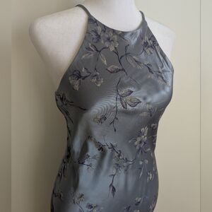 Vintage 90s Elegant Blue Satin Cherry Blossom Print Halter Evening Gown M